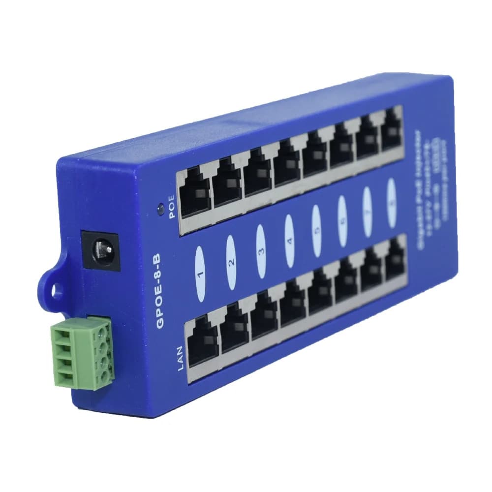 Passive POE Injector Hub, 8 Port, Gigabit, Blue